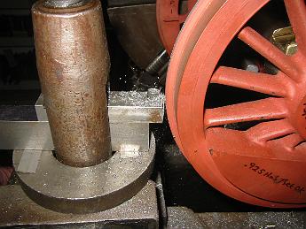  Turning the flanges to the same diameter in the old Rahn-Larmon lathe - note the 'lantern-post' rocker style tool holder.